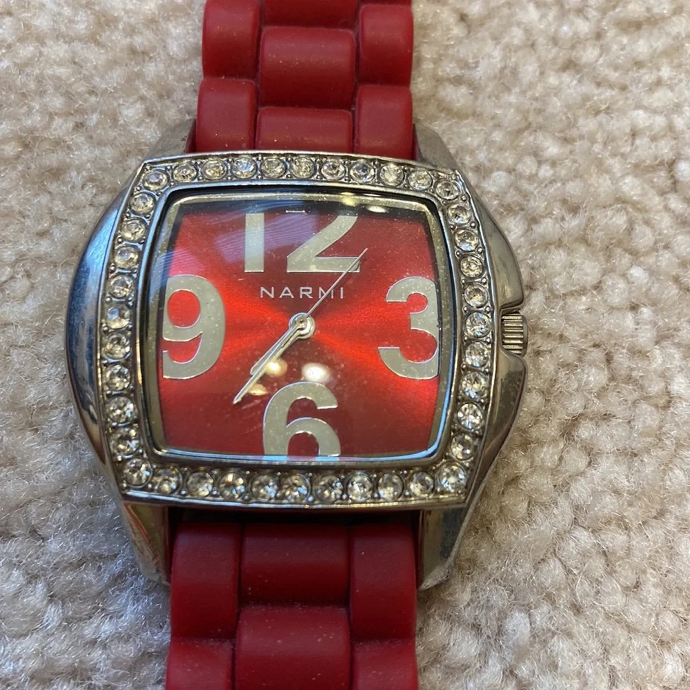 Womens red silicone watch with rhinestones, like new!